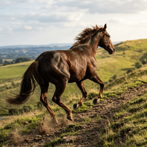Brown horse running up a grassy hillside trail with dust kicking up