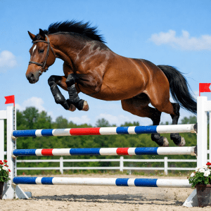 Horse jumping over obstacle, no rider
