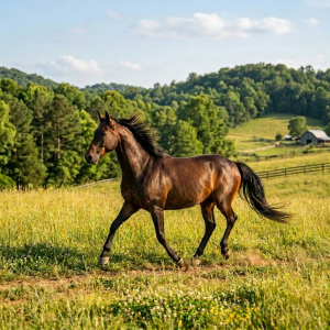 Woman in a teal shirt and cowboy hat riding a brown horse on a grassy path
