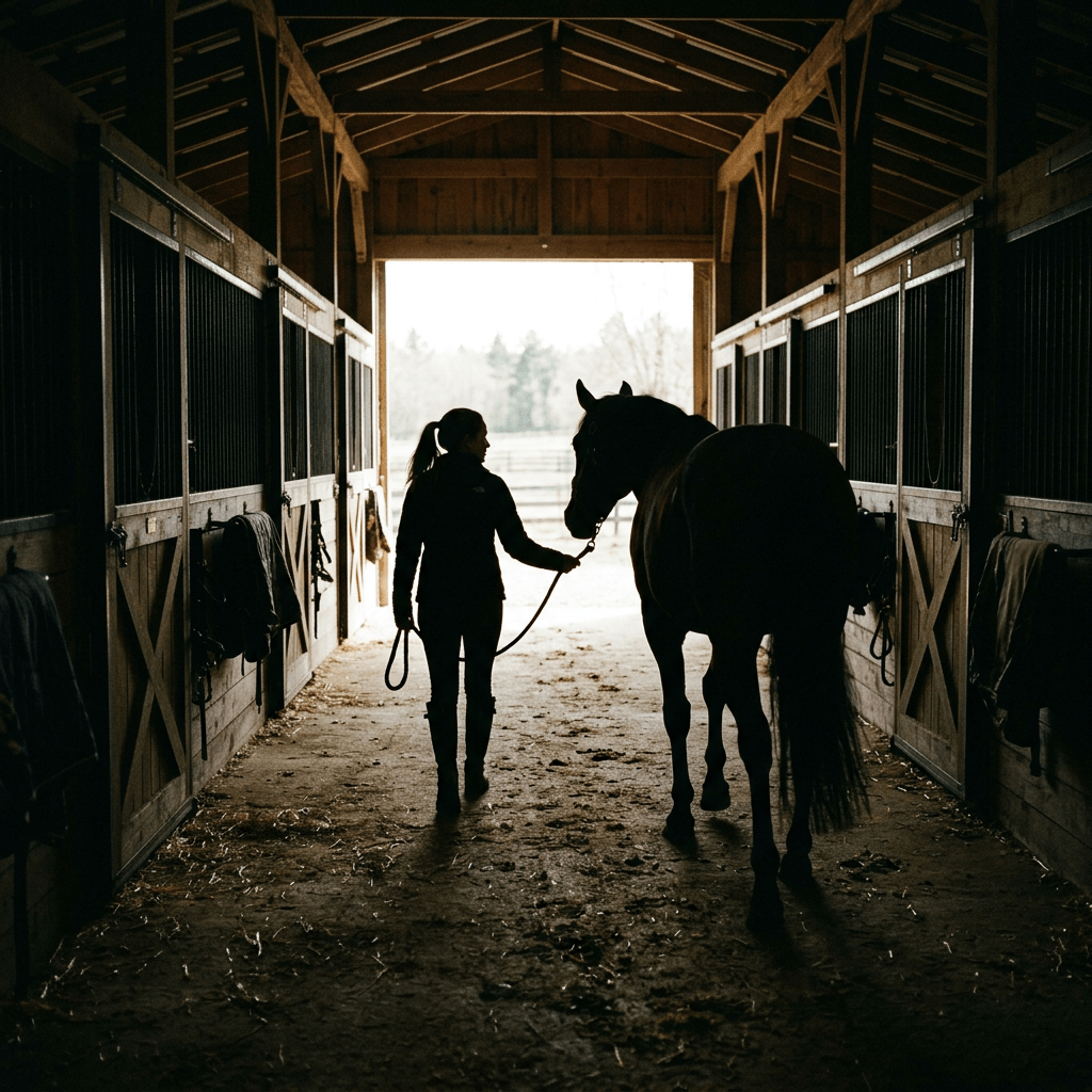 Person leading horse on a leash inside a wooden stable corridor